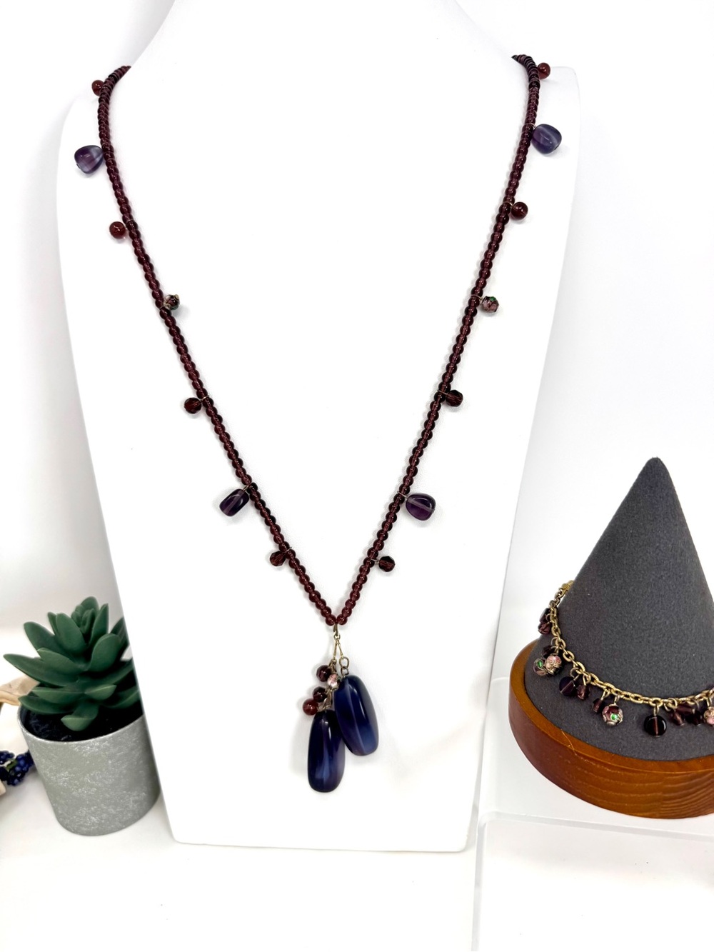 Vintage Amethyst Gemstone & Purple Glass Beaded Strand Necklace & Bracelet Set